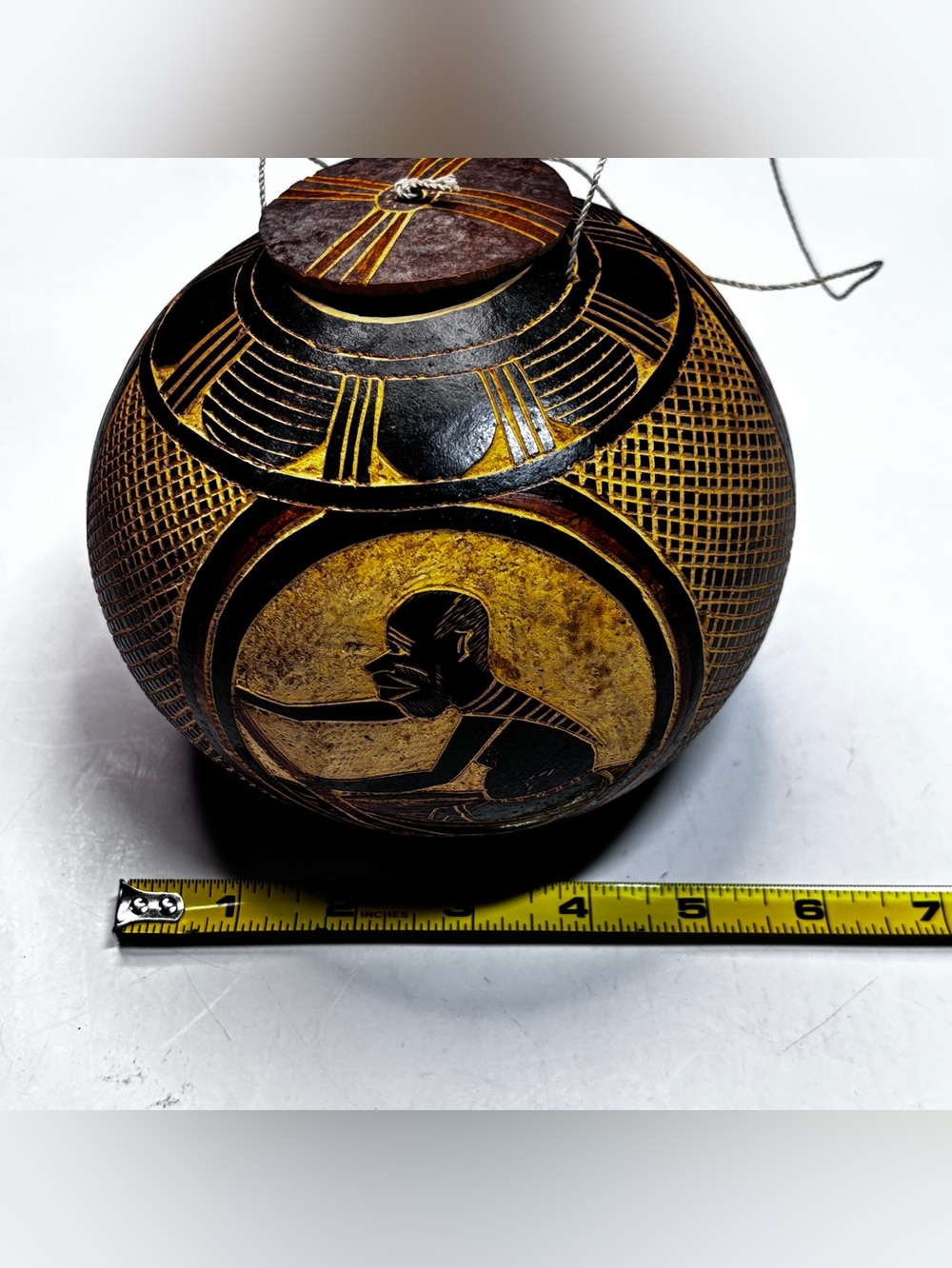 Antique Hand Carved African Hanging Gourd Vessel Lidded Calabash Bird Decor - Picture 14 of 14